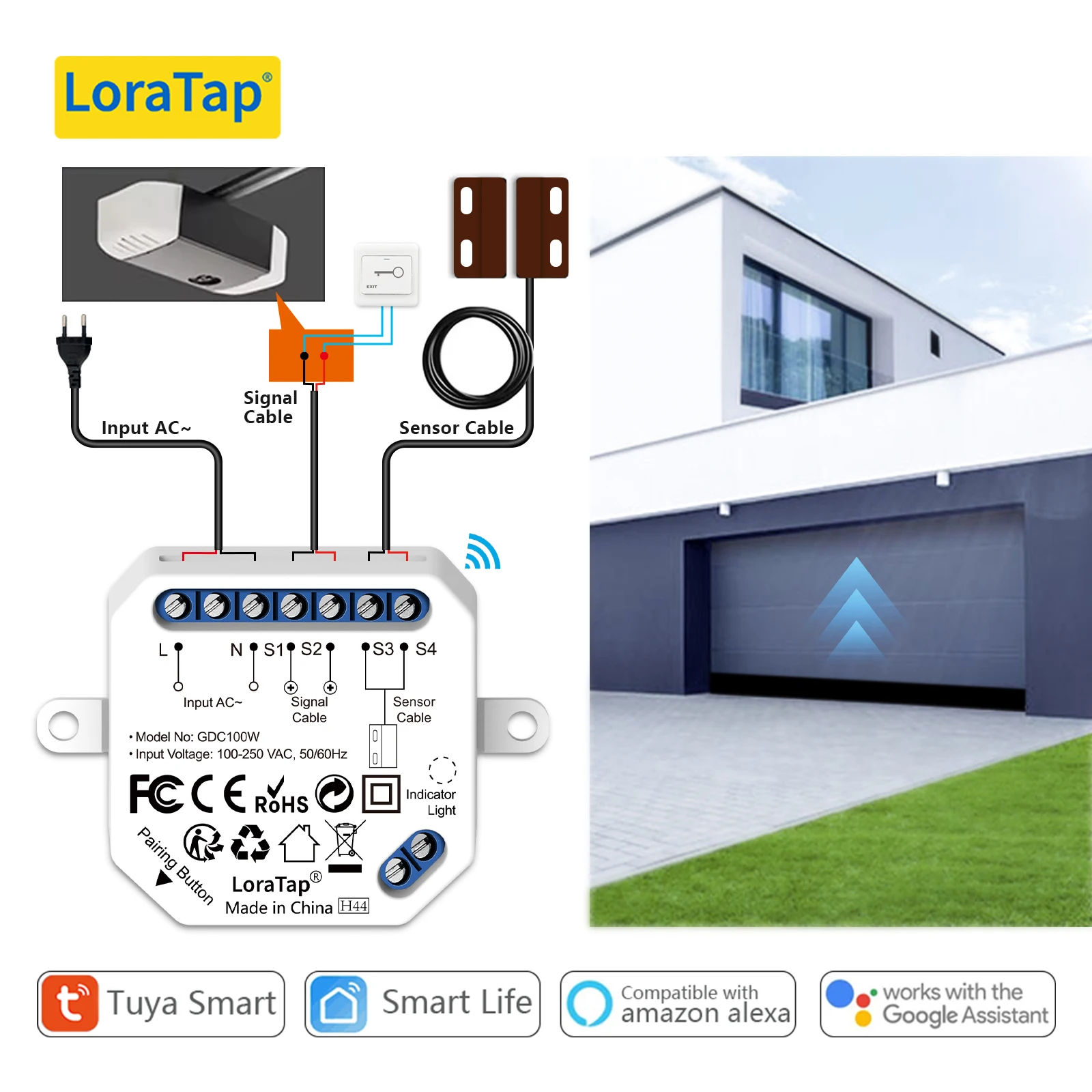 LoraTap WiFi Garage Door Opener Control Wired Sensor Contacts Tuya Smart Life Remote Control Work with Google Assistant Alexa