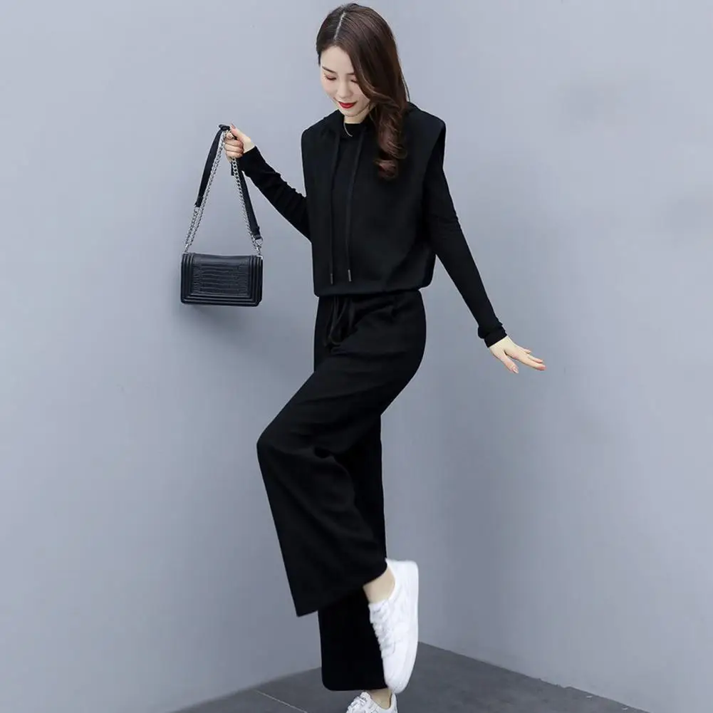 Three-piece Set Women Casual Suit Black Tops Hooded Vest Coat Pants Set Leisure Elegant Outfit Spring Autumn Commuter Tracksuit