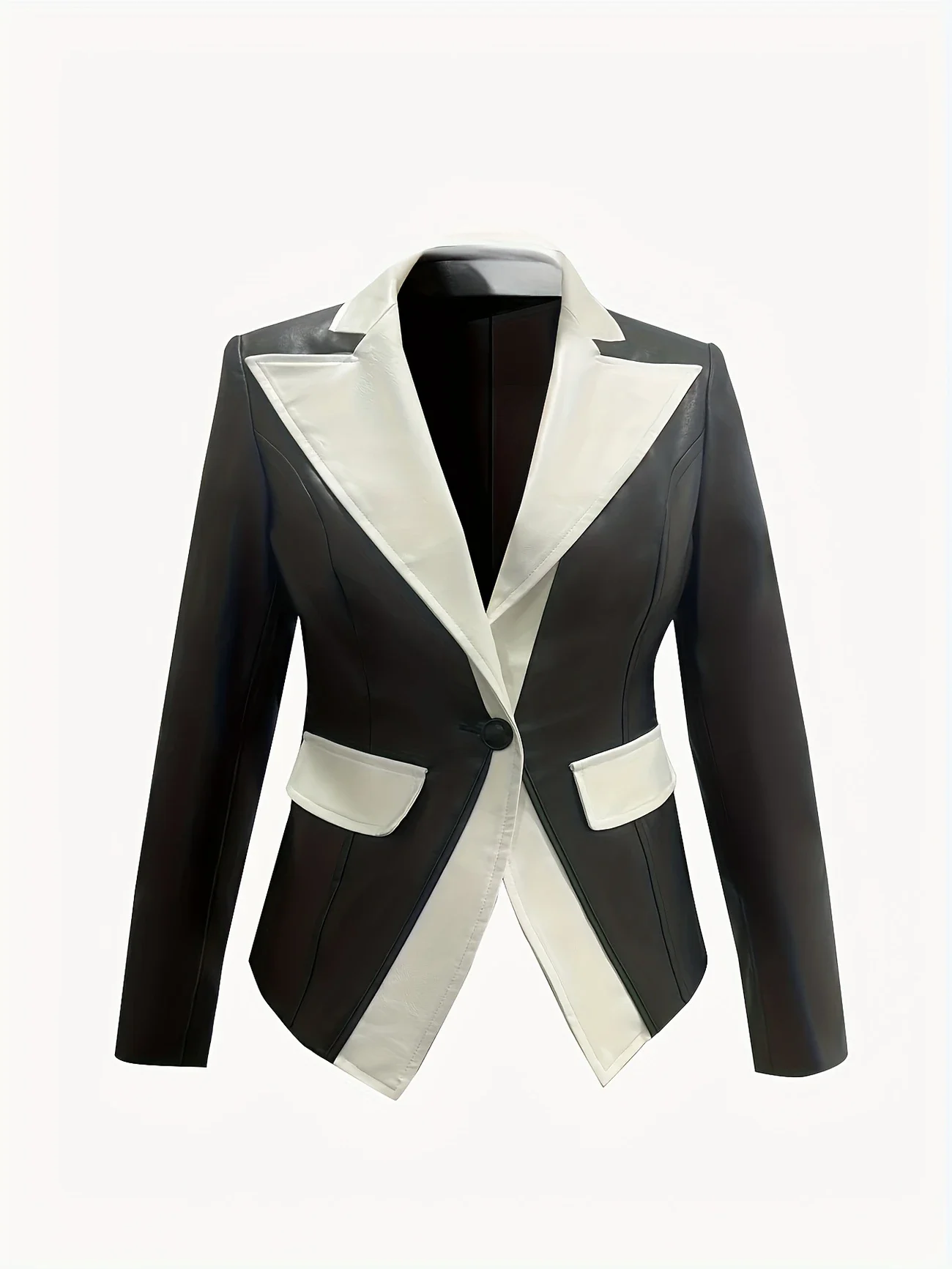 Blazer Kulit PU Blok Warna untuk Wanita Jaket Lengan Panjang Kerah Berlekuk Kancing Tunggal Pakaian Luar Wanita Kantor Musim Gugur Atasan Bergaya