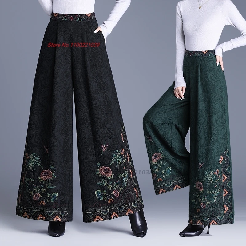 

2025 chinese vintage pants national flower embroidery ethnic elastic waist jacquard trousers oriental retro wide leg pantalones