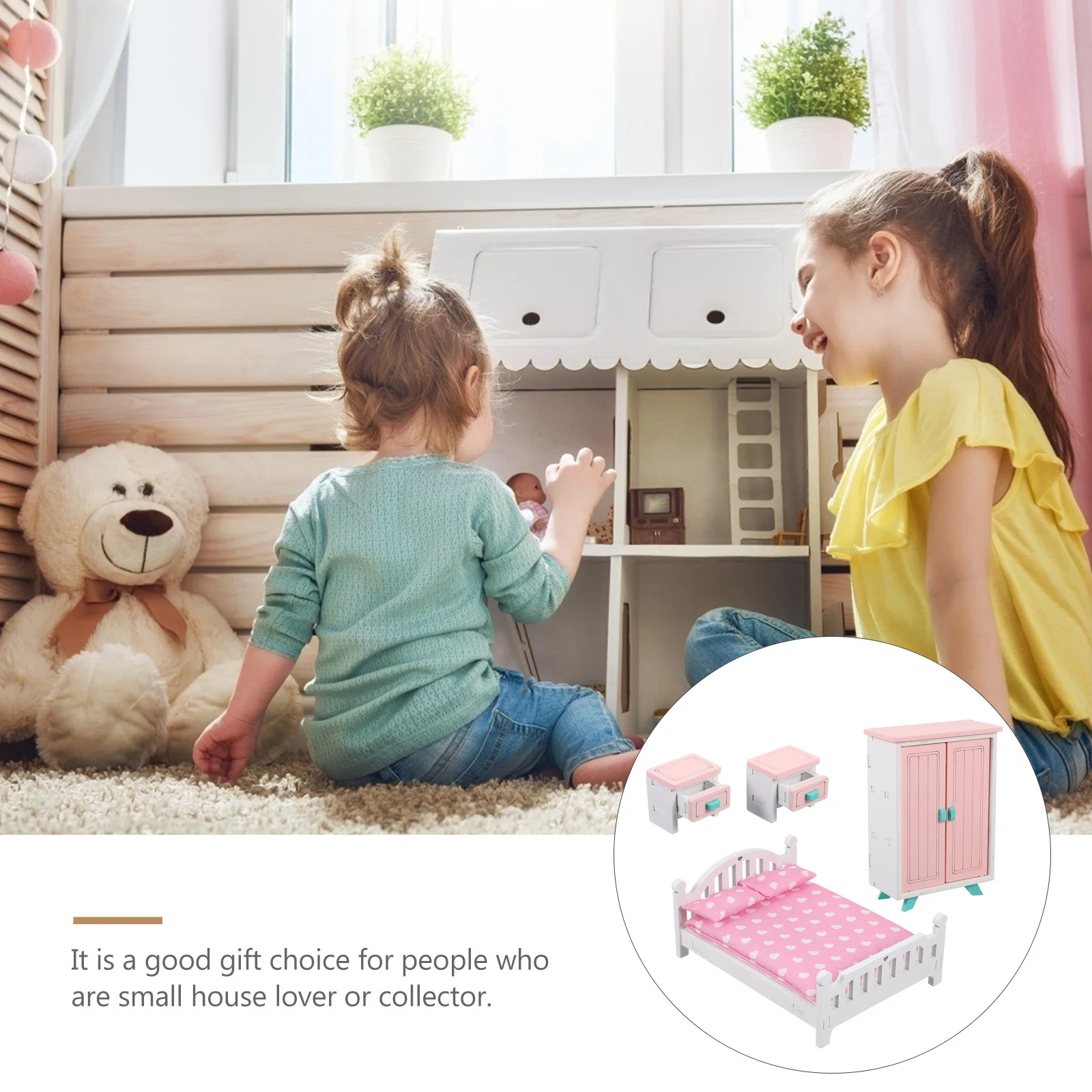 1 ensemble Mini ensemble de meubles pour maison de poupée chambre lit tables de nuit garde-robe semblant jouer pour les enfants en bas âge bricolage jeux de rôle