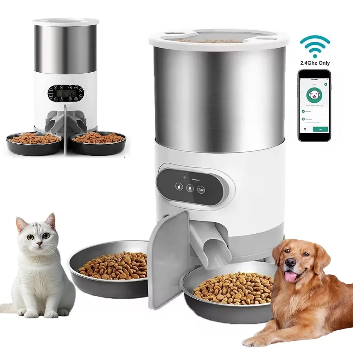 

3/4.5L Smart Cat Automatic Remote Timing Feeder Puppy Dry Food Auto Dispenser Pet Stainless Steel Dual Bowls Accessories for Cat