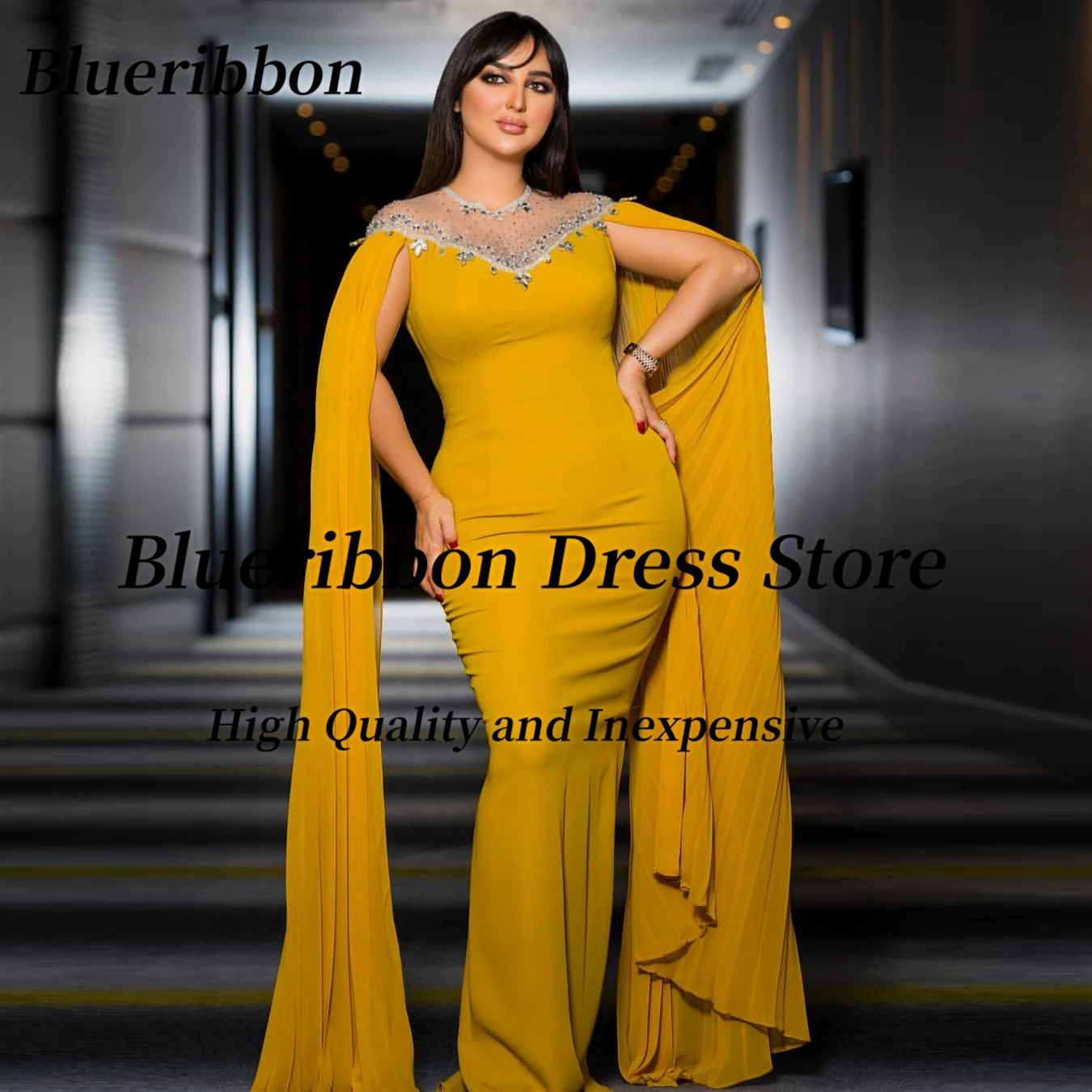 

Blueribbon 2024 Handmade Beaded Crew Neck Evening Dresses Ladies Wear Mermaid Prom Dress Flutters Sleeves Formal Banquet Gowns