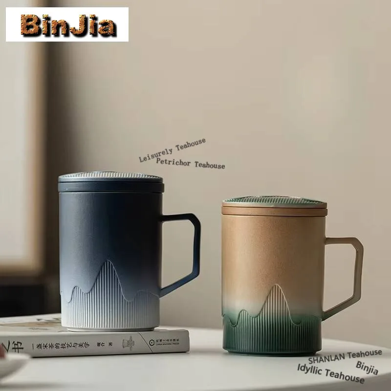 

430ml Mountain Sea Ceramic Mug Tea Cup with Lid Tea Infuser Vintage Coffee Cup Japanese Breakfast Cups Handle Personalized Gifts