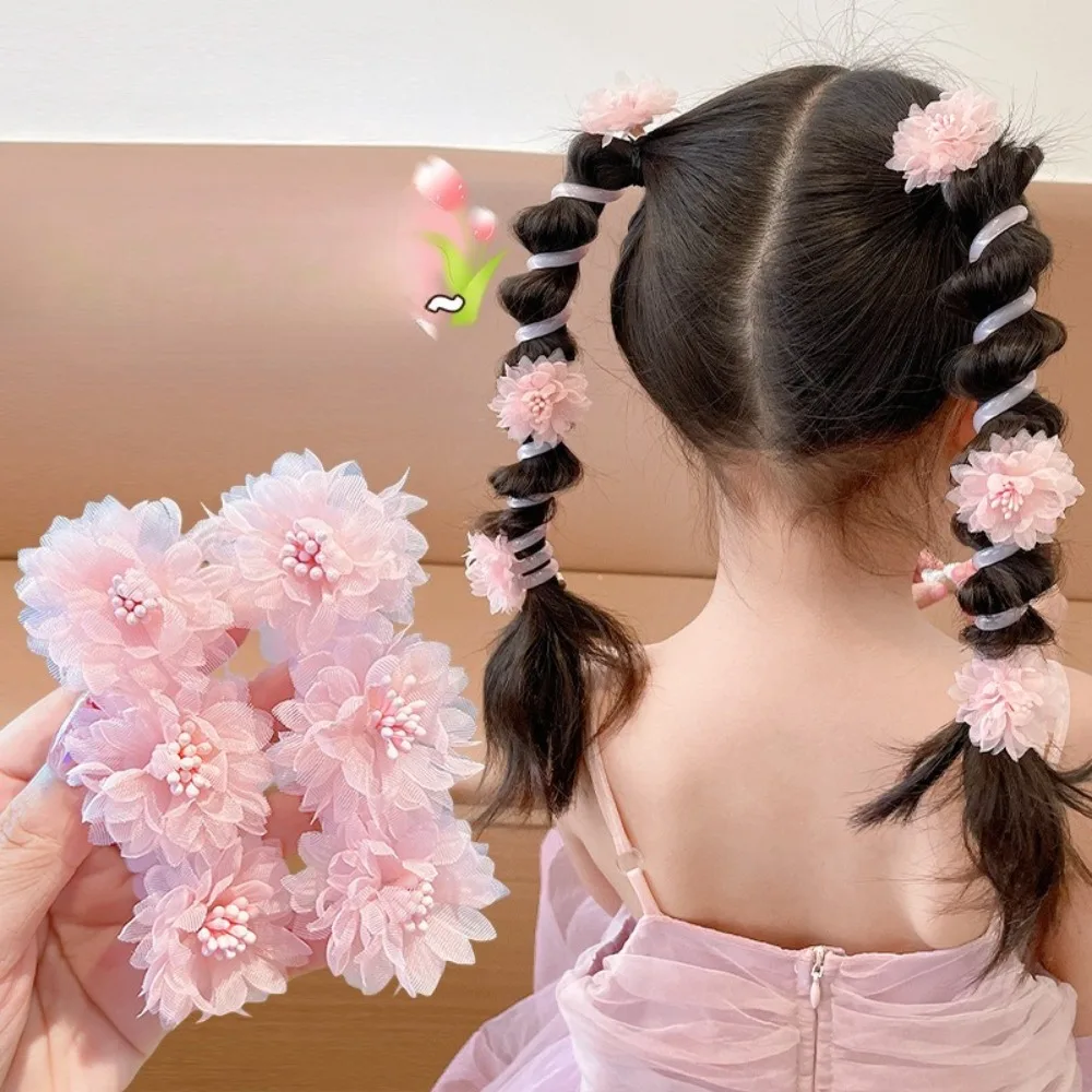 

2PCS Sweet Flower Cherry Blossom Phone Line Hair Hoop Children's Phone Line Braided Hair Rope Girls' Hair Tie Headwear