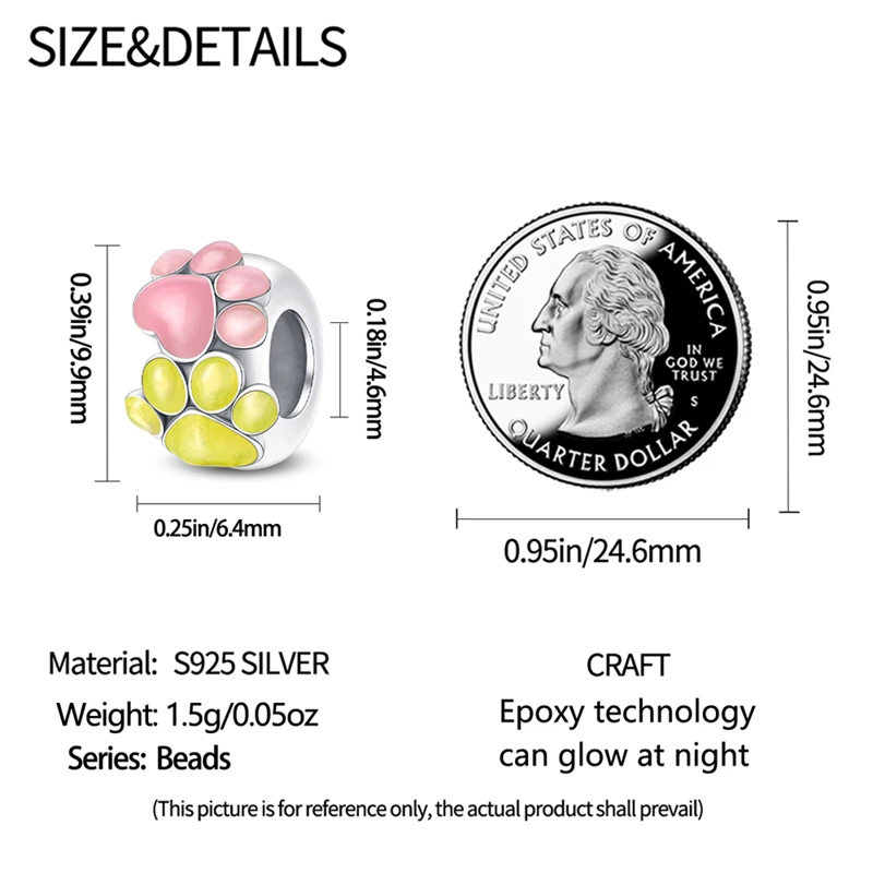 Plated 925 Silver Pink Yellow Paw Print Charms Beads Fit 925 Charms Bracelet Beads Loyal Companion Pet Jewelry Gifts for Women