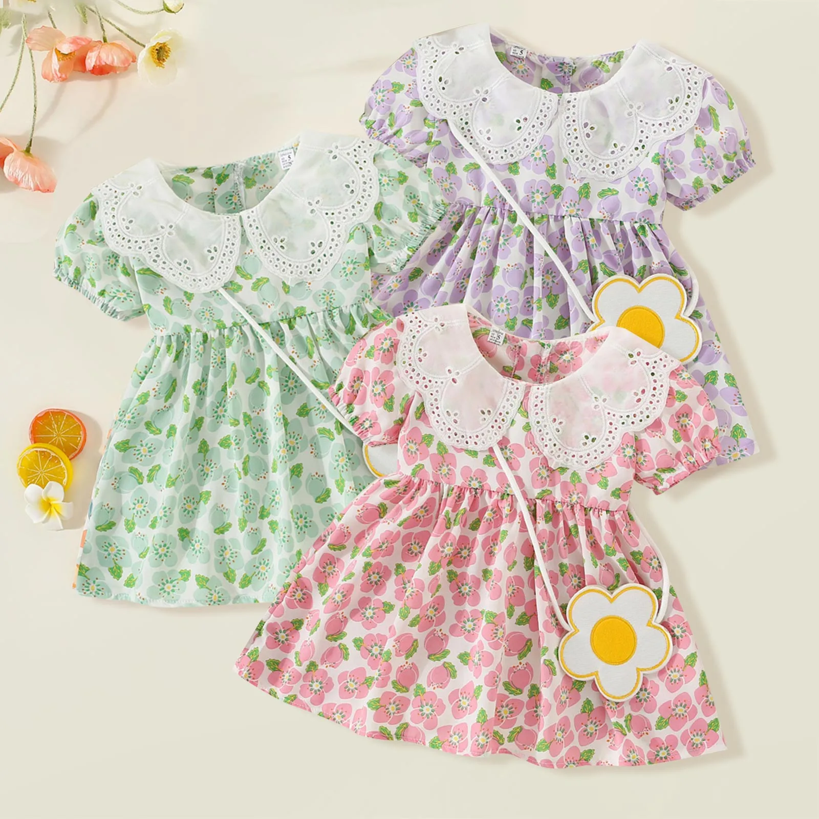 Baby Girl Flower Dress With Bag Sweet Floral Prints Lace Ruffles Princess Dress Summer Sundress For Girls Toddler 1 2 3 Years