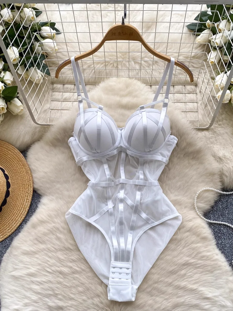 Foamlina-Body Sexy con tirantes y almohadillas para el pecho para mujer, monos con tirantes ajustados de malla transparente Pure Desire de verano
