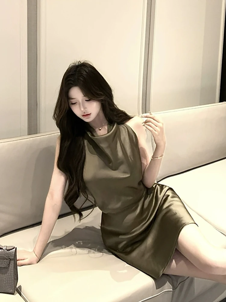 RORORIRI Draped COLLAR ซาตินชุดมินิผู้หญิงแขนกุด Off-Shoulder Slit Backless Desire One-piece Retro Elegant เสื้อผ้า