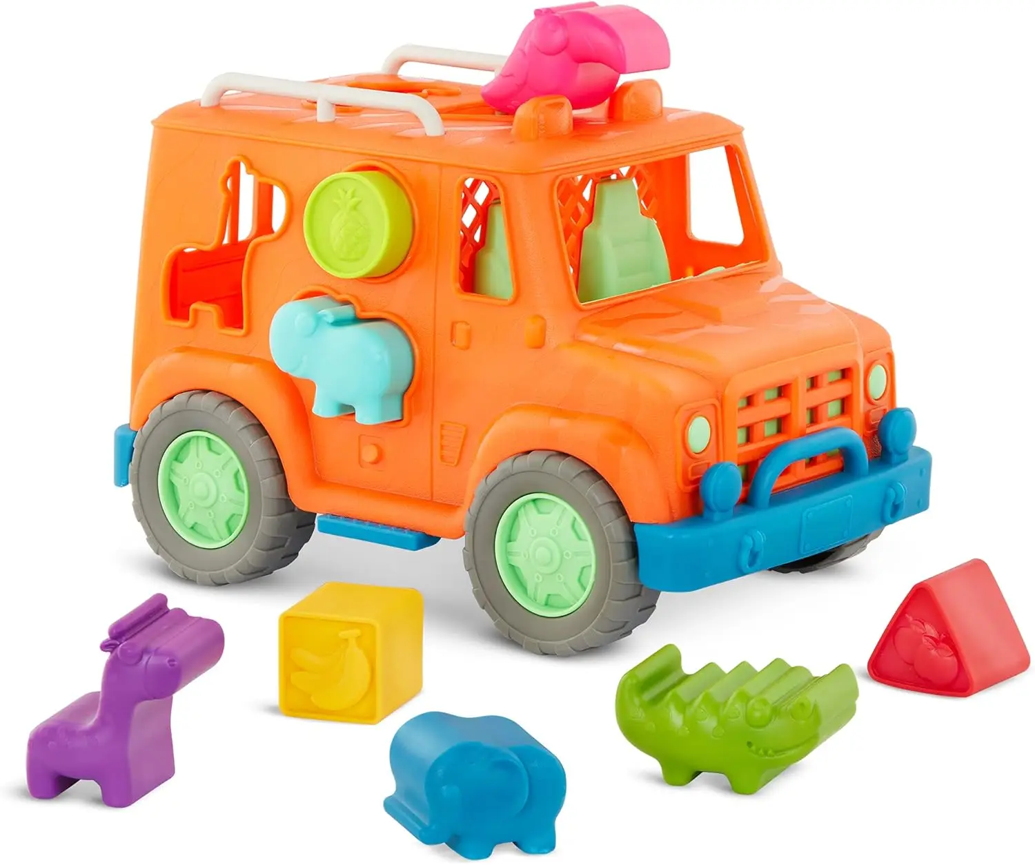 

Shape Sorter Toy Truck – 9 Pcs Developmental Toy for Toddlers, Animal & Fruit Shapes, Recyclable Materials, 1 Year+