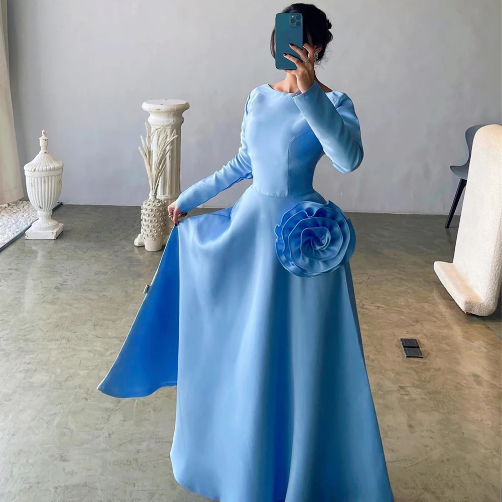 

Customized Evening Dresses Long Sleeve Sexy Round Neck Charming Backless A-line 3D Appliques Prom Gown Pleat فساتين للحفلات الرا