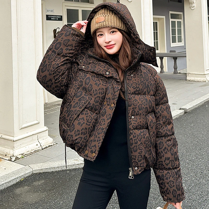 

Women's Winter Vintage Leopard Print Cotton Jackets Coat Fashion Long Sleeve Parkas Female Outerwears Tops New in Coats Clothes