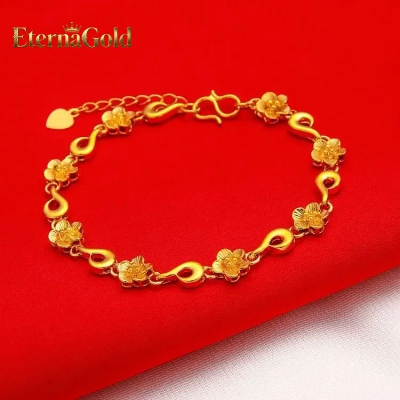 

EternaGold Vintage Single-Row Flower Bracelet for Women, 24K Gold, AU999 | Minimalist petal design with 4MM gold beads, subtle f