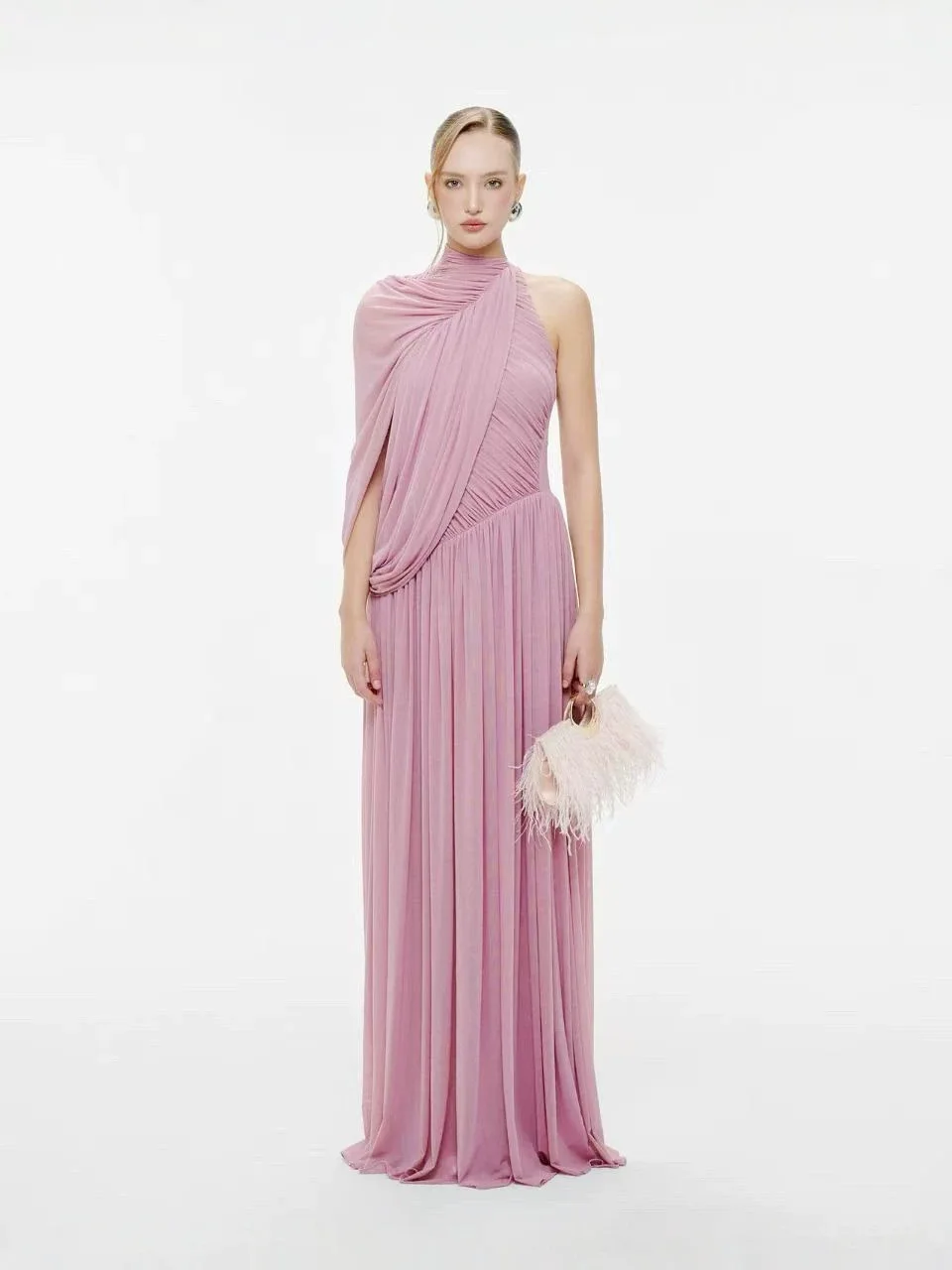 

Elegant Draped One Shoulder Pink Evening Dress 2026 - Long Ruched Flowy Party Prom Gown for Wedding Guest Formal Occasion
