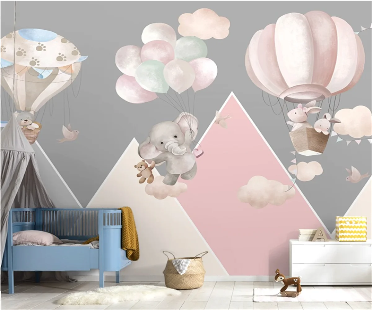 beibehang Custom papel de parede papier peint Modern Balloon Elephant Rabbit Pink Grey Geometric Girl Baby Bedroom Wallpaper