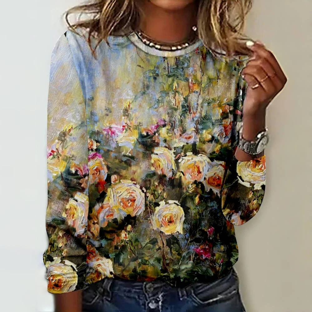 

Женская футболка с цветочным принтом, длинным рукавом и круглым вырезом