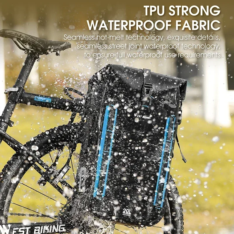 WEST BIKING Expandable Fully Waterproof TPU Bicycle Bag Foldable 15-20L Pannier Bike Rear Carrier Bag MTB Accessories Hand Bags