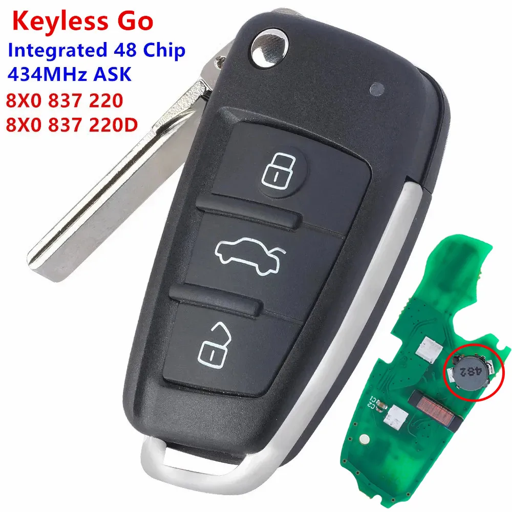 

KEYECU Replacement Keyless Go Flip Remote Key 434MHz Integrated 48 Chip For Audi A1 Q3 A3 S3 2012- 2016 8X0837220 8X0 837 220 D