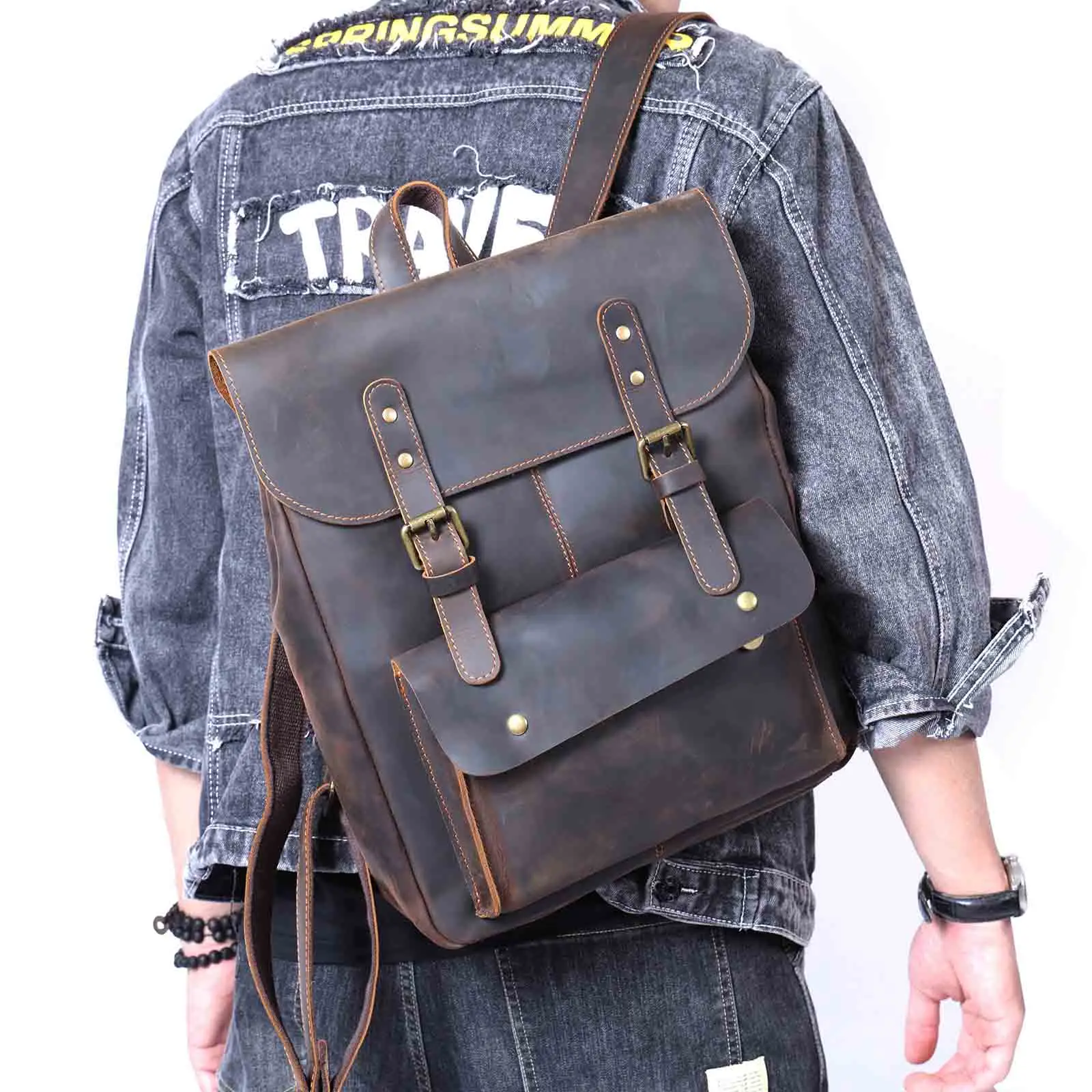 S.WORKER Vintage Echtleder Herrenrucksack Handgefertigte Top-Grain-Leder Laptop-Umhängetasche Crazy Horse Tasche Mode für Männer – Detail 5