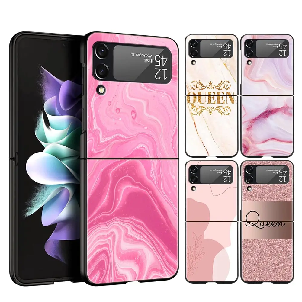 For Samsung Galaxy Z Flip 3 4 5 Hard Black Folding PC Phone Case Rose Gold Pink Marble Queen For Samsung Z Flip3 Back Cover