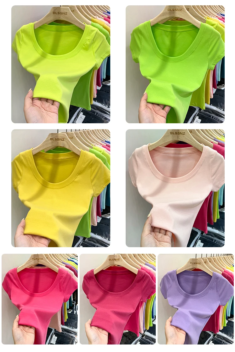 2026 Sexy Quadratischer Ausschnitt Slim T-Shirt Damen Baumwolle Elastisch Basic Einfarbig Lässige Oberteile Kurzarm Dünne T-Shirts Transparent – Detail 3