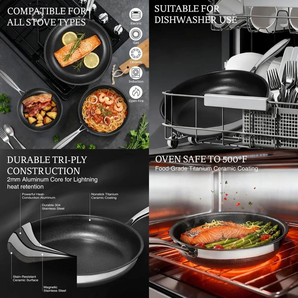 

2-Piece Titanium Ceramic Non-Stick Frying Pan Set with Lids, 10 & 12, Dishwasher and Oven Safe, All Cooktops, PFAS/PFOA/PTFE Fre