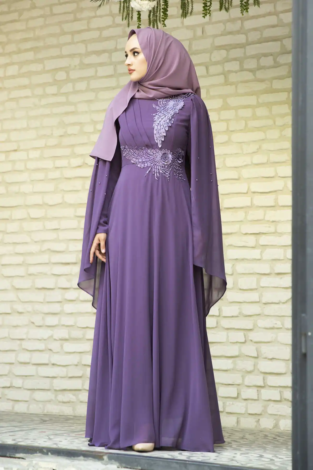 Cape Detaylı Hijab Evening Dress Purple Winter Autumn 2021 Muslim Women Hijab headscarf Islamic Turkey