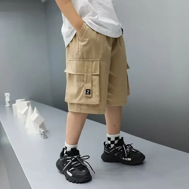 Summer Boys' Cotton Shorts High Street Hip Hop Fashion Big Pocket Shorts Khaki Children's Pants Casual Children's Clothing 2024