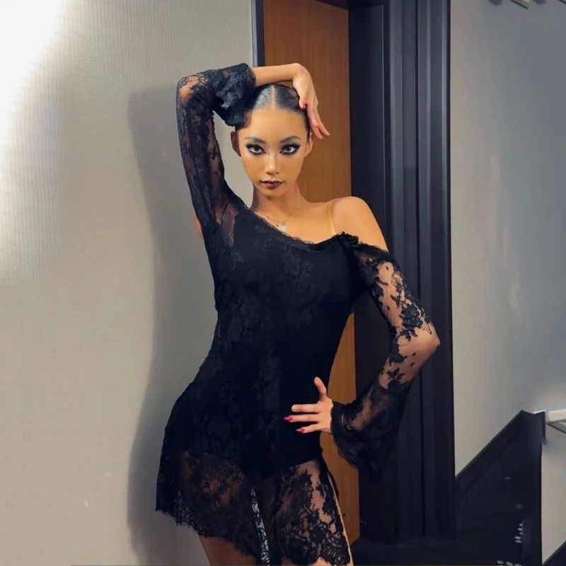 

2025 Sexy Backless Lace Dress With Flared Sleeves Latin Dance Dress For Women Samba Chacha Tango Adult Latin Stage Wear DQS18617
