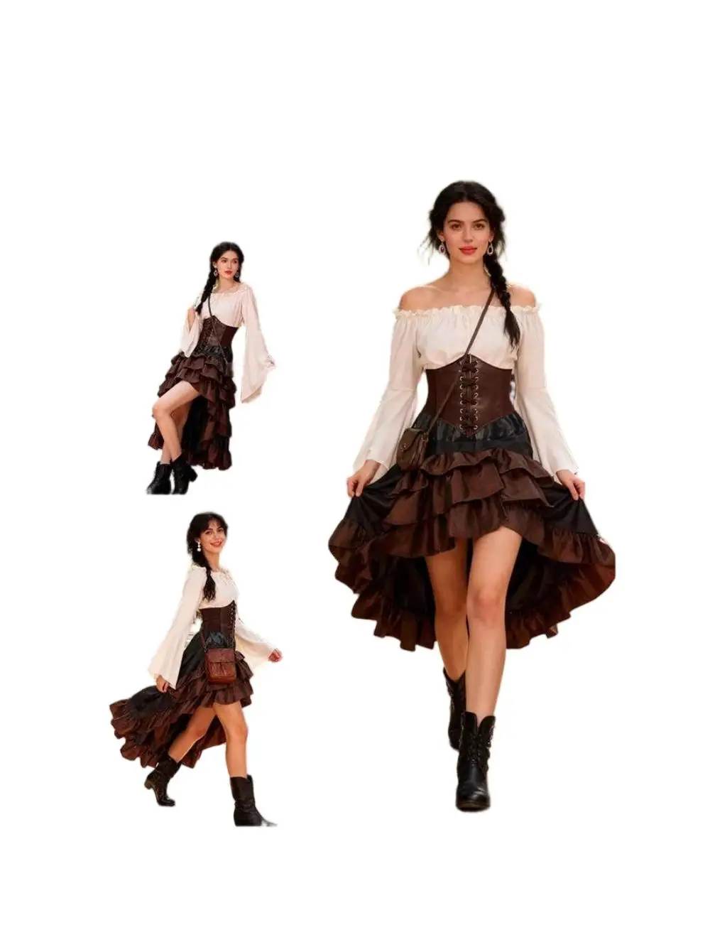 Disfraz de Capitán Pirata Vintage para Mujer - Conjunto Retro con Corsé Bordado y Falda de Volantes en Capas - Atuendo Sexy de Marinera Bucanera
