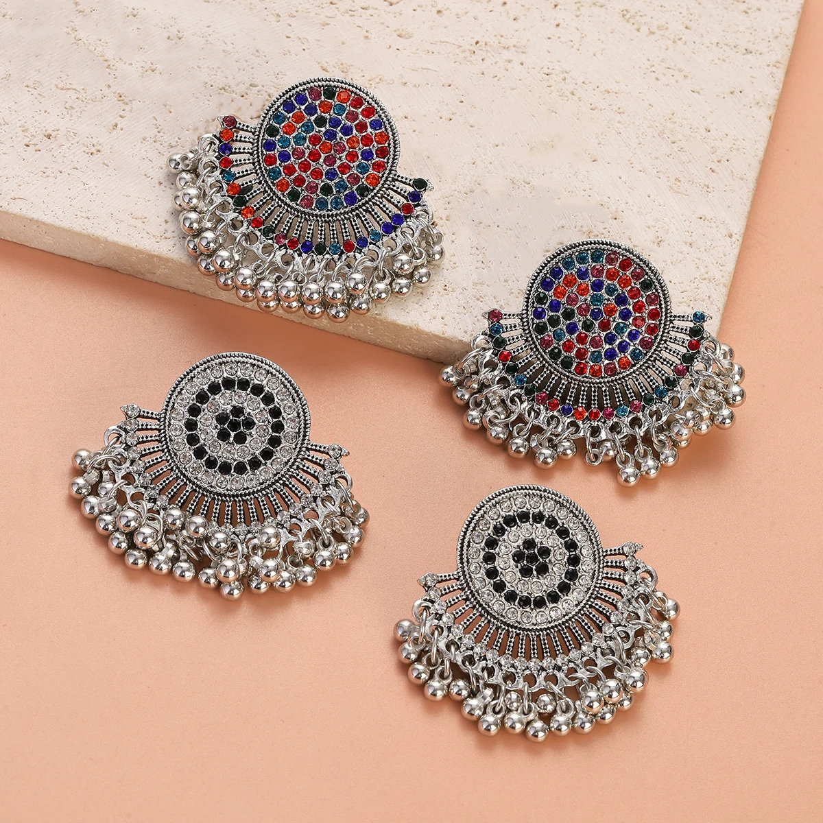 Ethnic Luxury Multicolor Crystal Earring Retro Silver Plated Round Fan Shape Dangle Earrings Party Wedding Jewelry bijoux femmes