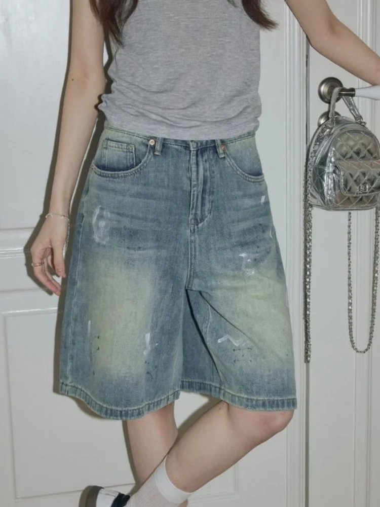 Retro Washed Denim Shorts Women's Summer High Waist Loose Street Style Five-Quarter Pants Worn-look Casual Wide Leg Trousers