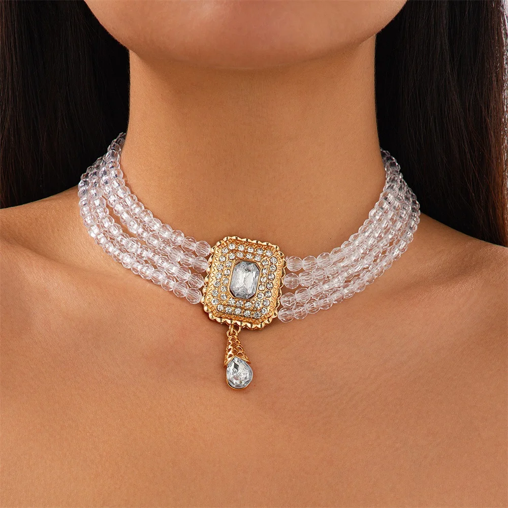 Luxury Crystal Beaded Choker Necklace for Women 2024 Trendy Multi-layer Short Choker Necklace Statement Jewelry New