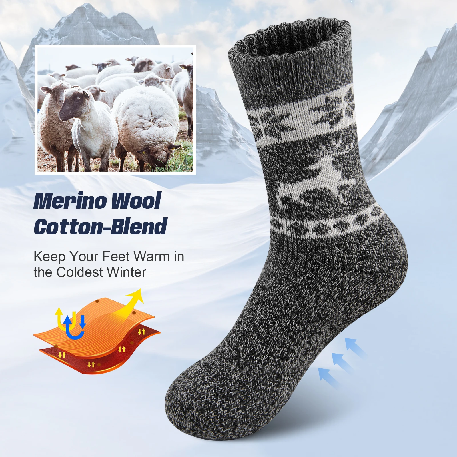 5 Pairs Men\'s Merino Wool Socks Thick Winter Wool Hiking Socks Warm Breathable Crew Snow Boot Socks for Outdoor Home