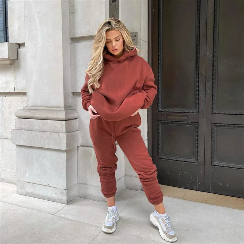  Autumn and Winter Women's Hooded Long-sleeved Sweater High Waist Print Bouquet Feet Trousers Casual Two-piece Suit Women