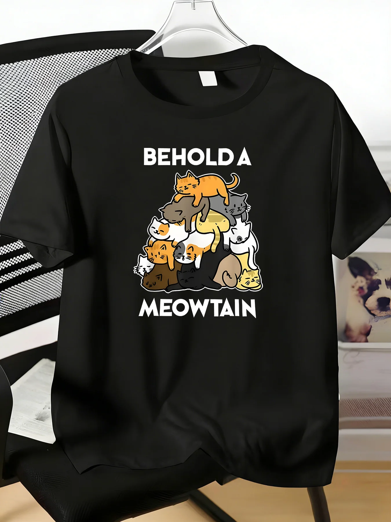 Fashion Mens Red Basic Short Sleeve Tee Cartoon Stack Kitten Meowtain Text Print Comfort Pet Owner Outdoor Casual Summer Tops