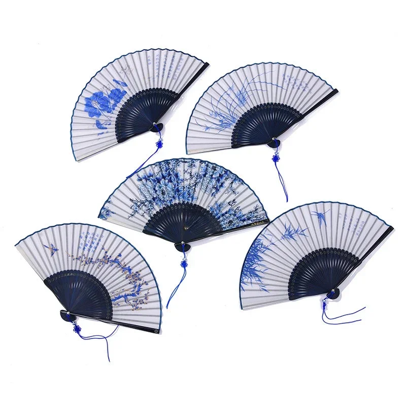 Summer Women Silk Dance Fan Classical Blue and White Porcelain Gift Hand Fan Abanicos Para Boda Chinese Hanfu Cosplay Fans