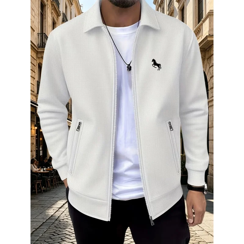 Men Milano Italy Business Casual Jacket Lapel Full Zip Coat Textured Waffle Fabric Zipper Pockets Long Sleeve Commute Outerwear