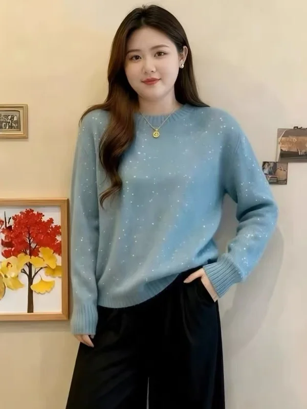 

Новый зимний женский свитер оверсайз из трикотажа, синий, свободного кроя, скрывающий живот, корейский стиль, комфортный, для похудения