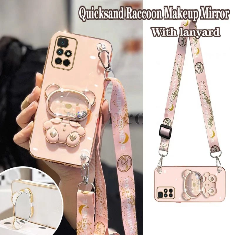 Quicksand Raccoon Makeup Mirror Lanyard Plating Phone Holder Case For Xiaomi Redmi 10 10A 12C 9 10C 9T 9A A1 9C 8 8A A1  Cover