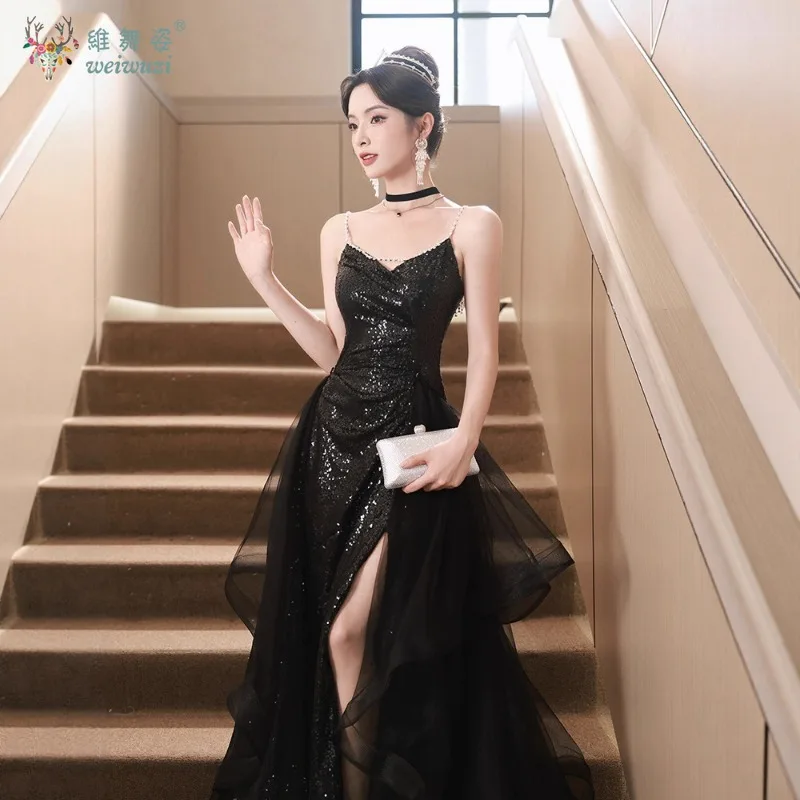 

Slim Vintage Black Sequined Shiny Halter Pearl Dress Luxury Evening Party Prom Sweet Princess Banquet Stage Perfermance Pretty