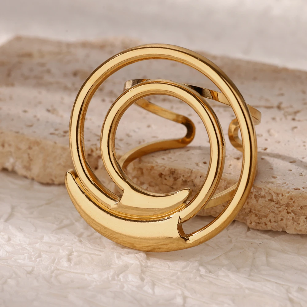 Minimalist Heart Large Round Pattern Stainless Steel Rings For Women Open Adjustable Gold Color Ring Waterproof Jewelry Gift