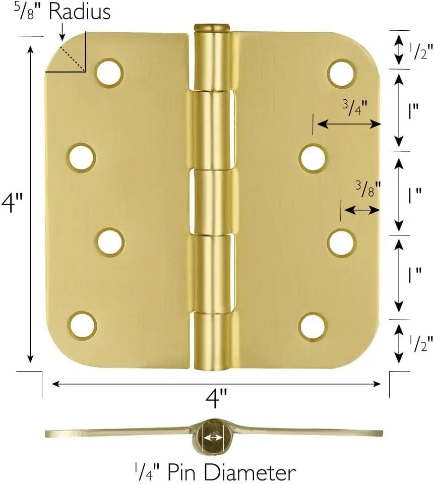 Door Hinge in Satin Brass, 4-Inch, 5/8-Inch Radius, 12-Pack