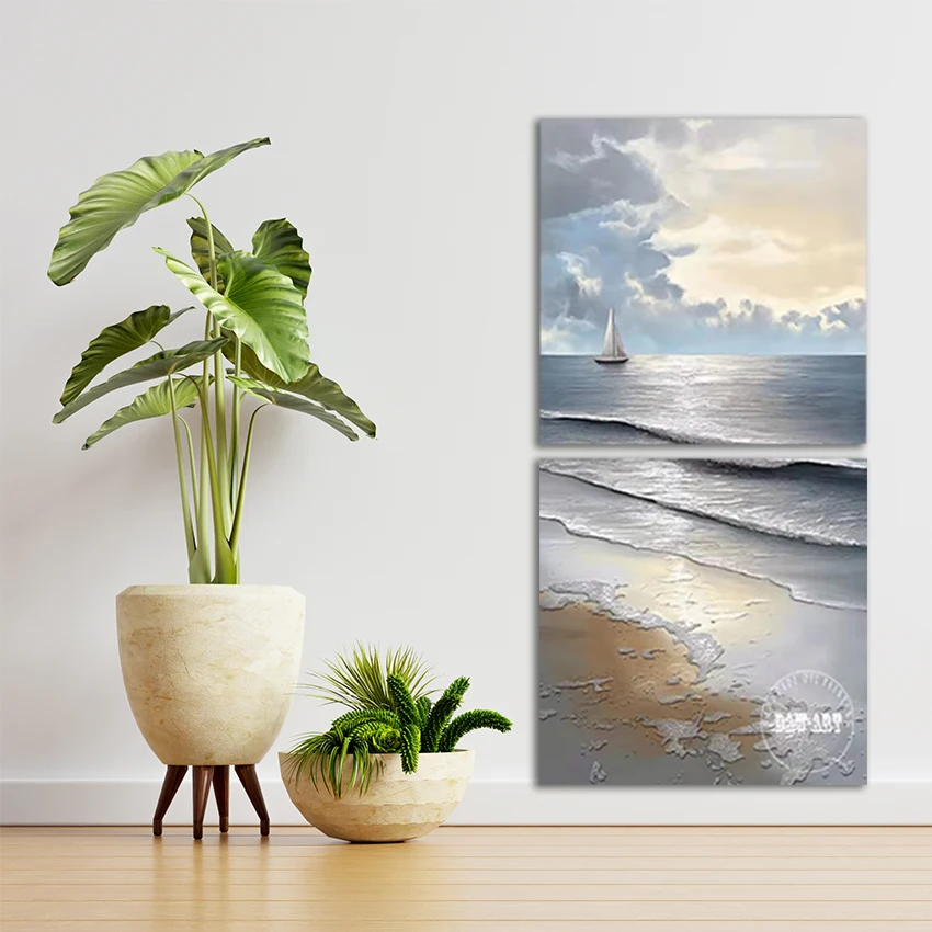 

2PCS, Seascape Abstract Art Paintings, Frameless, Beach Scenery Modern Canvas Artwork, Wall Picture For Living Room, Large Size