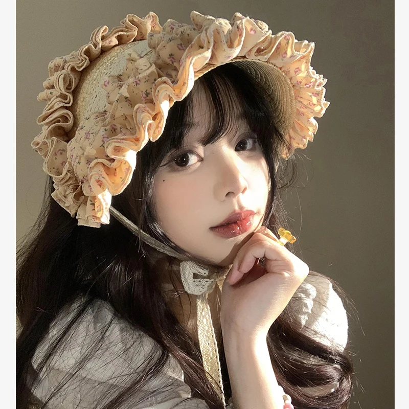 French Retro Lace Floral Woven Straw Caps for Women Summer 2024 New Seaside Beach Vacation Idyllic Sweet and Cute Strap Sun Hats