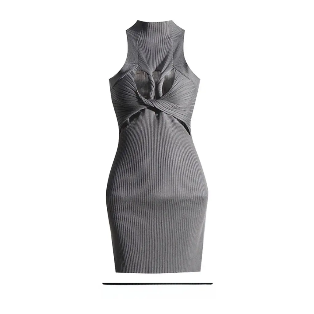Women's Sleeveless Knitted Dress European American Style Hollow Twist Slimming Design Hot Girl Temperament Dress