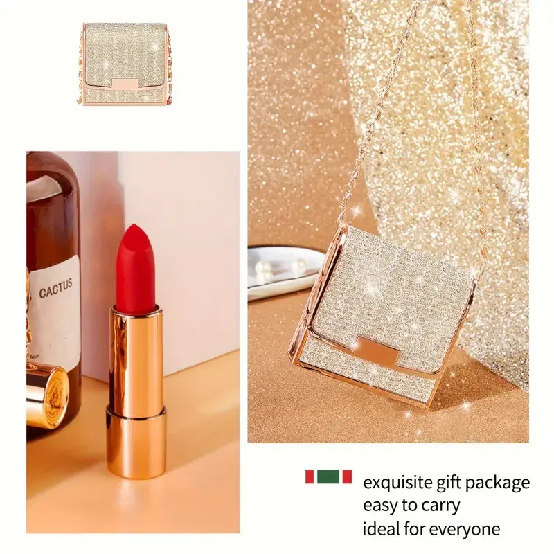 3pcs Velvet Lipstick with Chain Bag Gift Waterproof Non-Stick Long-Lasting Rotating Lipstick Makeup Set for Valentine's Day Gift