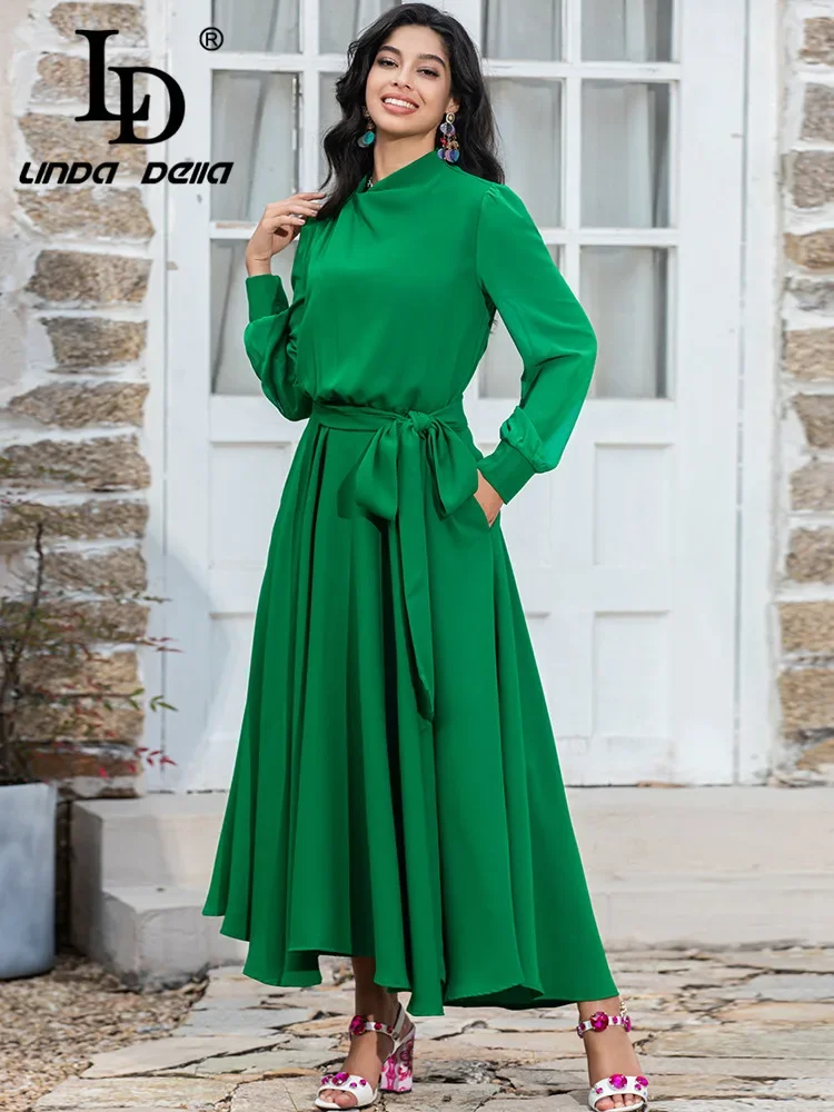 LD LINDA DELLA Summer Fashion Designer Solid Green Dresses Women's Long Sleeve Belted Loose Draped Chiffon Elegant Long Dress