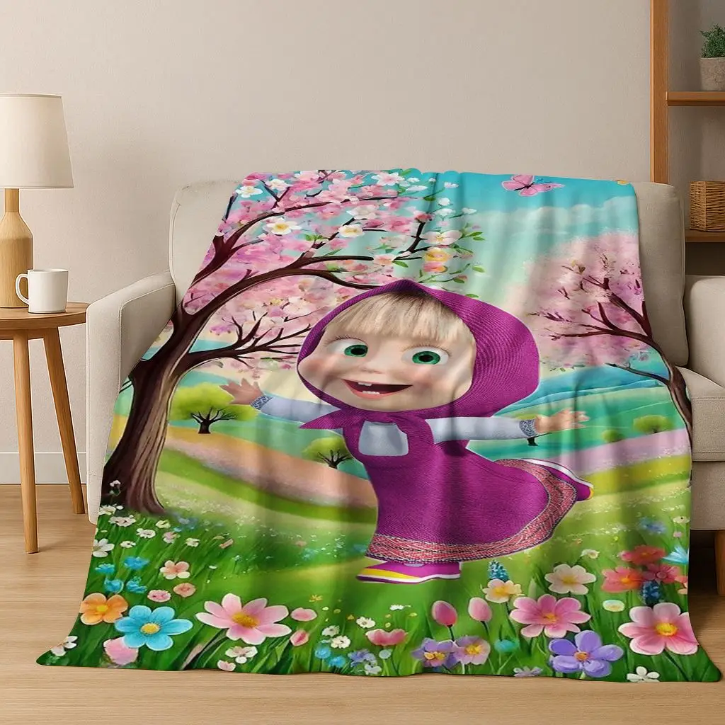 3D  M-Masha and Bear Cartoon Flannel Blanket Soft Warm Throw Blanket for Bed Bedroom Room Living Room Picnic Christmas Gift Kids