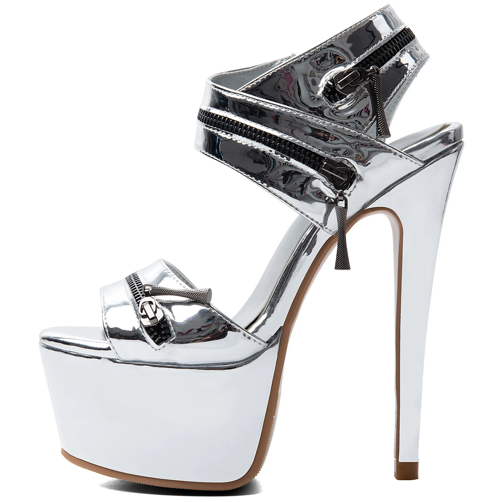 Women Metallic Patent Leather Platform High Heel Sandals Zip Decor Open Toe Ankle Strap Slingback Party Club Wear Women Shoes